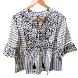 NWT Voy Womens Blue Floral & Stripe Embroidered V-Neck Blouse~Boho~SMALL
